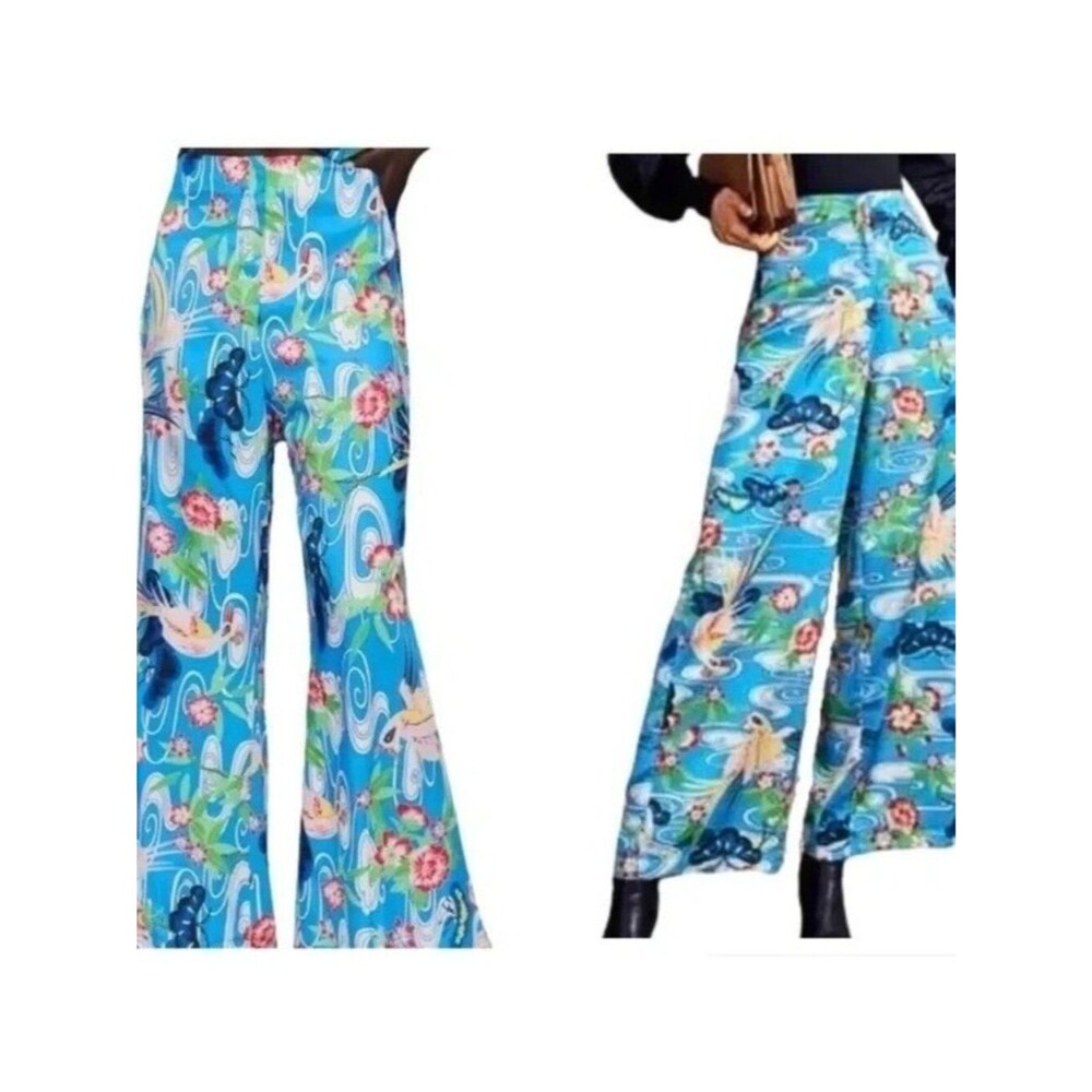 ZARA LG High-Waisted Blue Floral Asian Motif Silky Cropped Flared Pants